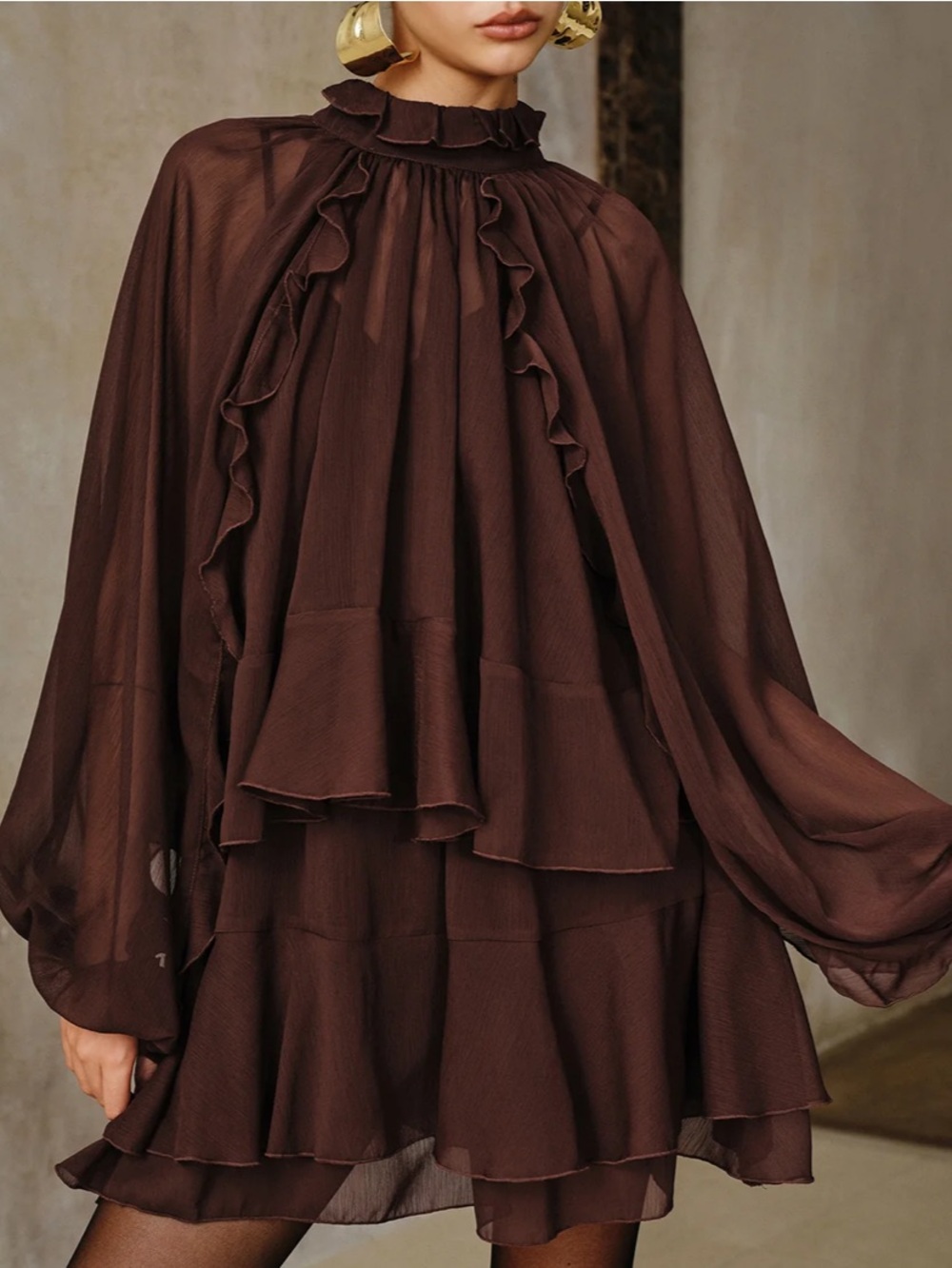 NWT Commense Chocolate Brown Ruffled Cape Mini Dress - Picture 4 of 13